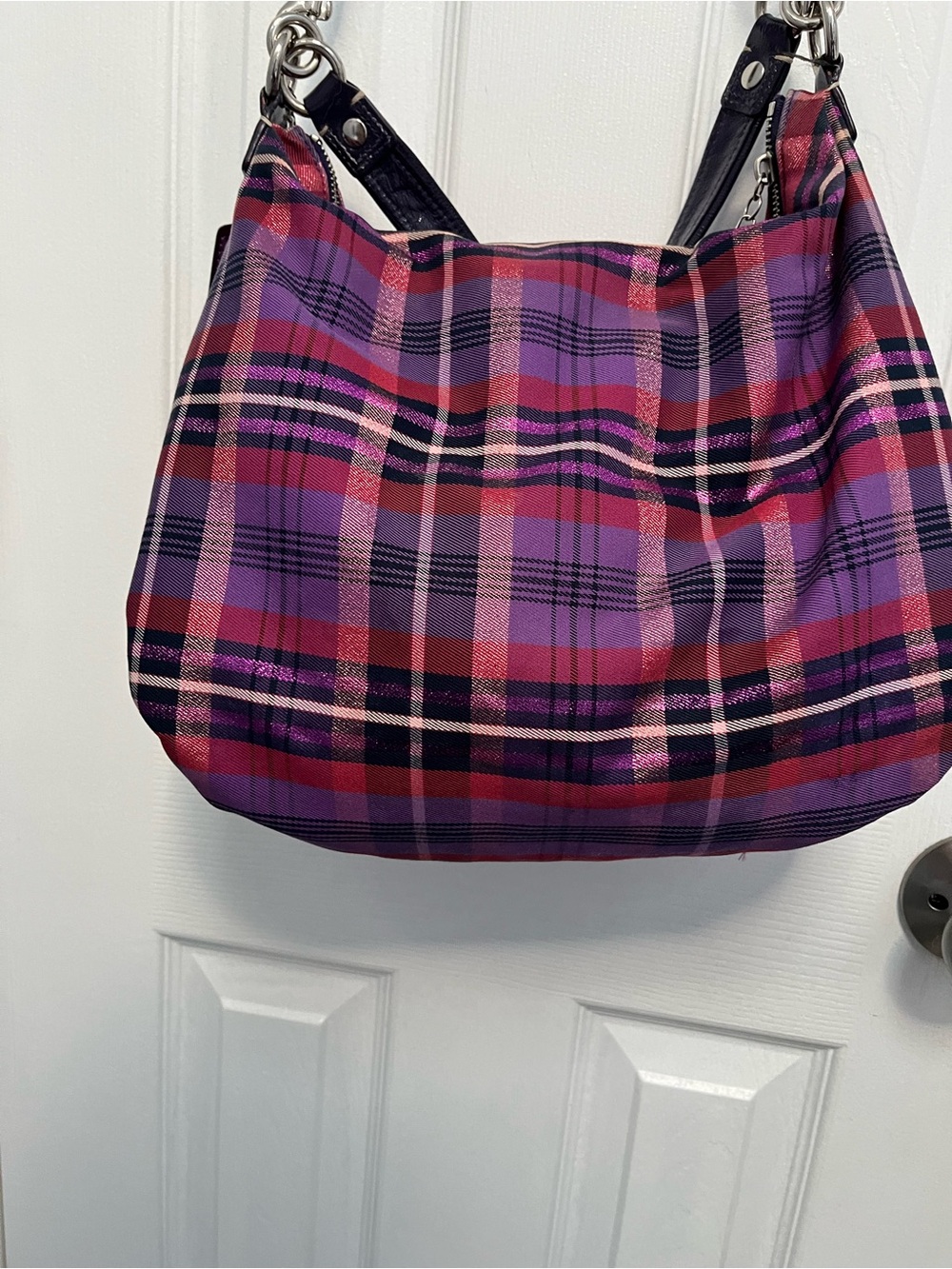 Coach Poppy Tartan Plaid Crossbody Hobo Purple Hangtags #16120 Silver Y2K - Picture 10 of 17